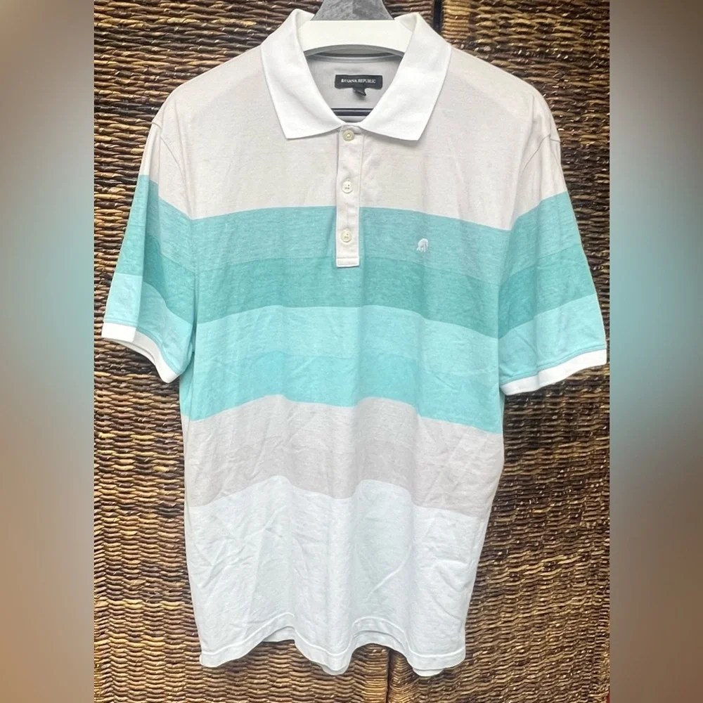 Banana‎ Republic-Men's Striped Polo Shirt-White and Blue, Size:XL, Elephant Logo